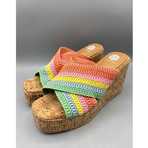 Yellow Box Sz 7 Sandals Rainbow Crochet Wedge Platform  Cork  Open Toe